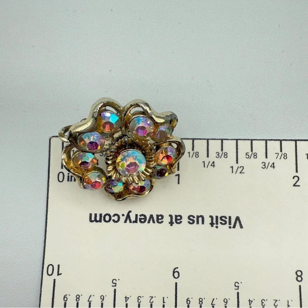Vintage 1950s Coro Signed AB Floral Crystal Rhinestone Clip On Earrings